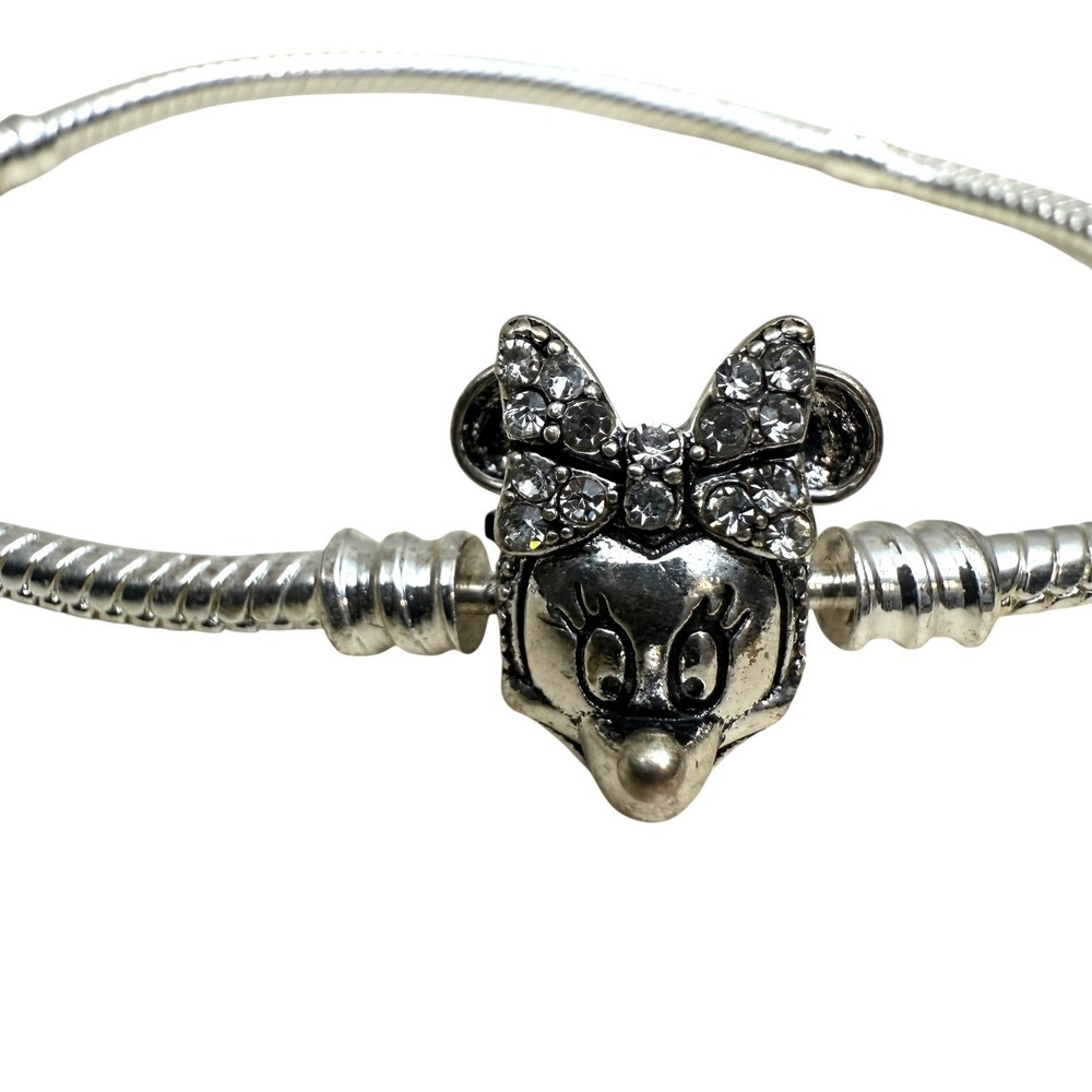 Silver Tone Minnie Mouse Charm Bracelet Snake Chain Rhinestone Bow Jewelry 7.25 - Picture 3 of 10